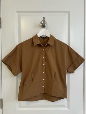Theory Tan Button-Front Short Sleeve Shirt